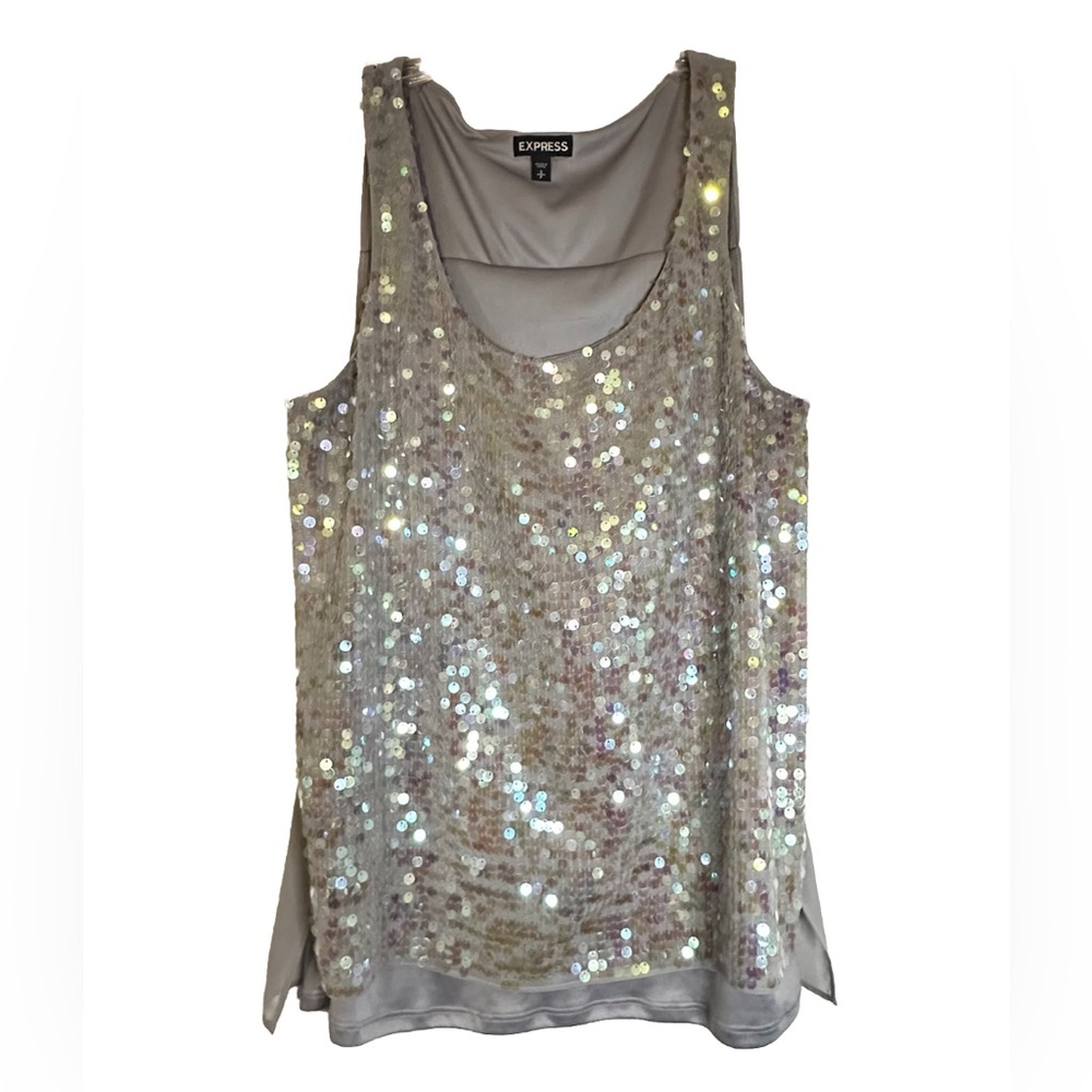 Express Sequin Gray Tank Top Split Flowy Back‎ Stretch Cocktails Size Small